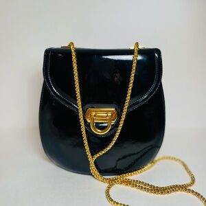 California Of Frenchy Black Patent Leather Crossbody Bag w/ Gold Chain